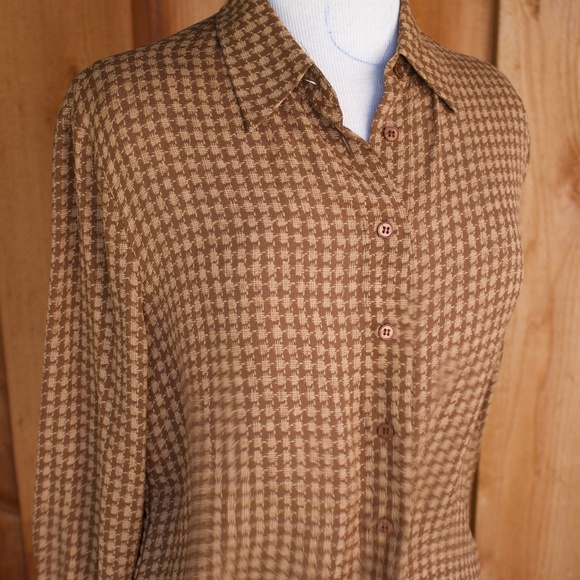 Vintage Jones New York 100% Silk Abstract Print Brown Button Down Blouse - Picture 9 of 14